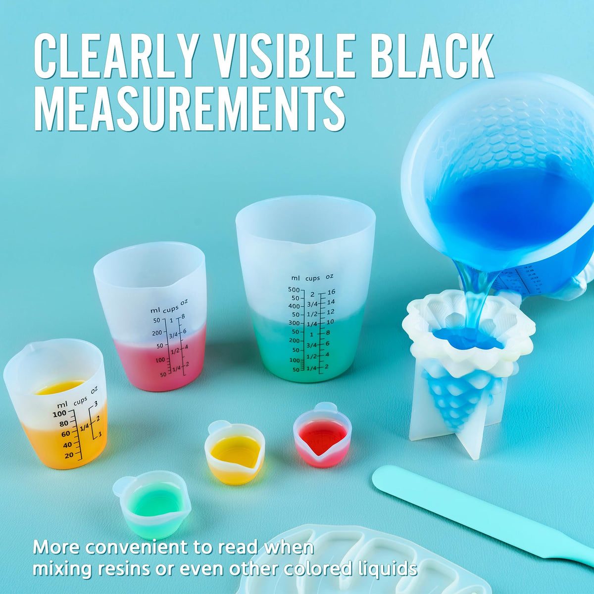 SWIGRANCE Silicone Resin Mixing 1L Measuring Cup Set for Resin Supplies, Easy-to-Read Marks, 1000ml/32oz Large Cup, 500&250&100ml Thickened Reusable Silicone Cups for Epoxy Mixing, Jewelry Making