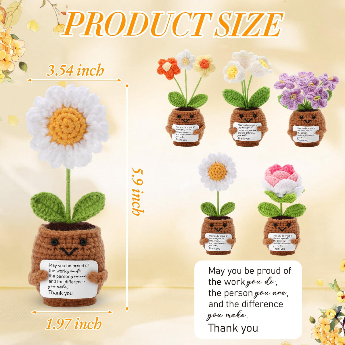 Geelin 6 Sets Positive Employee Appreciation Mini Crochet Flower Potted Doll with Card Emotional Rose Daisy Crochet Support Thank You Plants May You Positive Gift for Women Coworker Employee Teacher