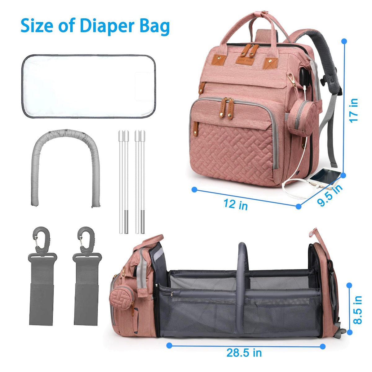 Jeryswet Baby Diaper Bags with Changing Station, Waterproof Large Capacity Diaper Bag Backpack for Moms Dads with USB Charging Port and Stroller Straps, Baby Shower Gifts, Pink