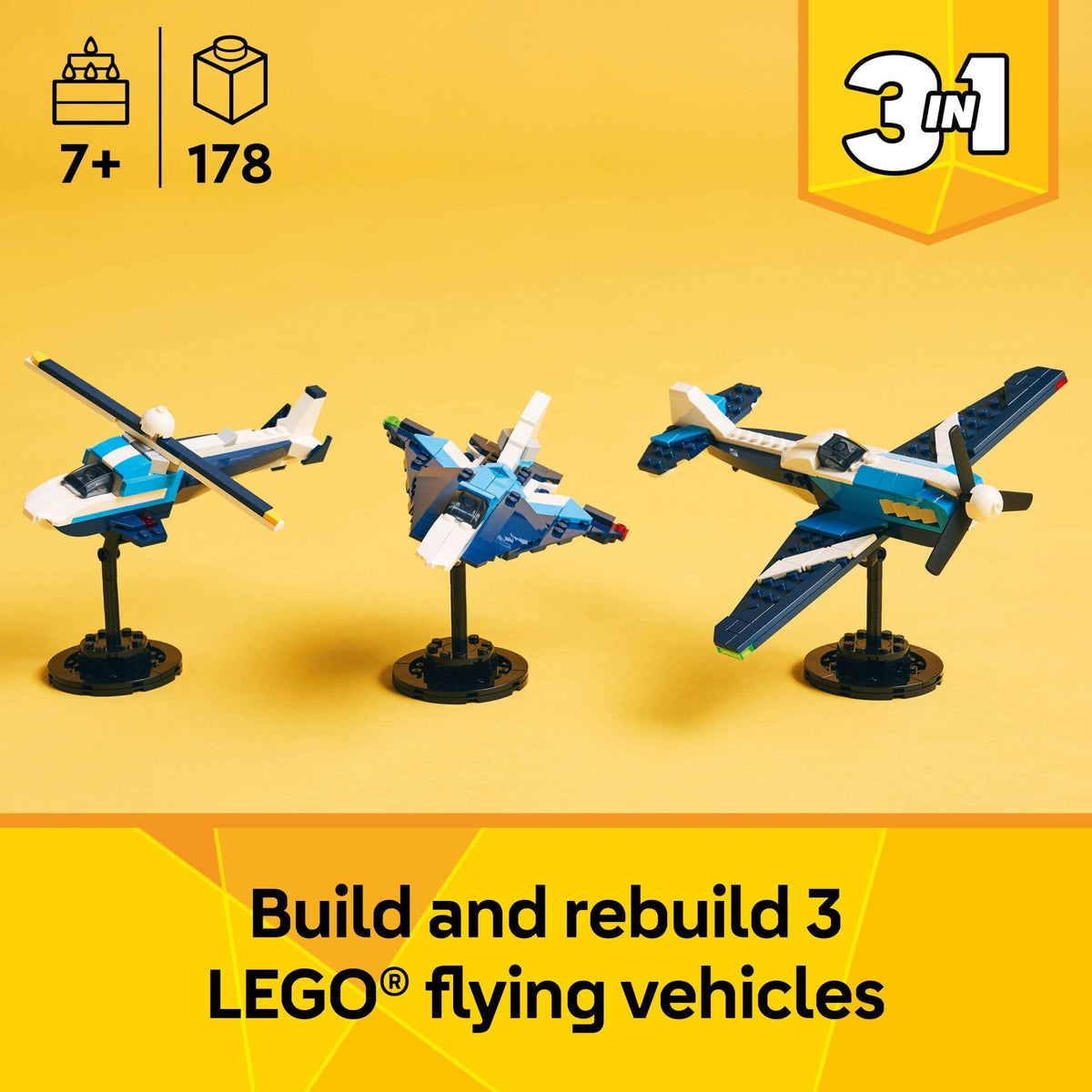 LEGO Creator 3 in 1 Aircraft Race Plane Toy - Building Toy with 3 Building Options, Airplane, Fighter Jet, or Helicopter - Gift Idea for Kids, Boys and Girls, Ages 7+ - 31160