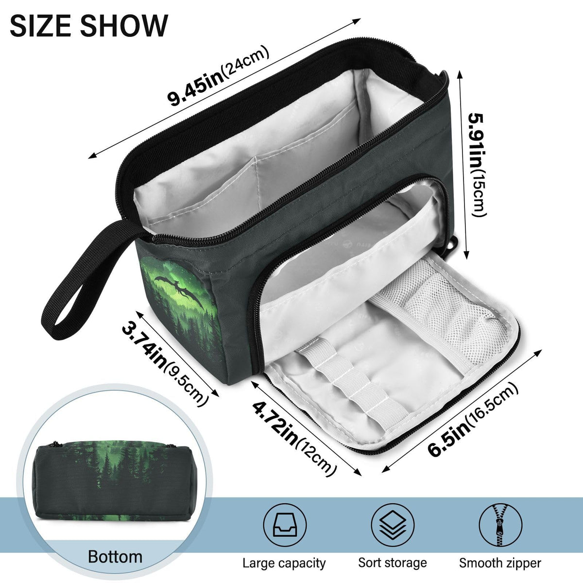 Sletend Cool Dragon Green Pencil Bag Pencil Case for Teen Boy Girl, Big Capacity Pen Bag Zipper Pencil Pouch with Handheld Aesthetic Pencil Pouch with Print School Office Pencils Stationery