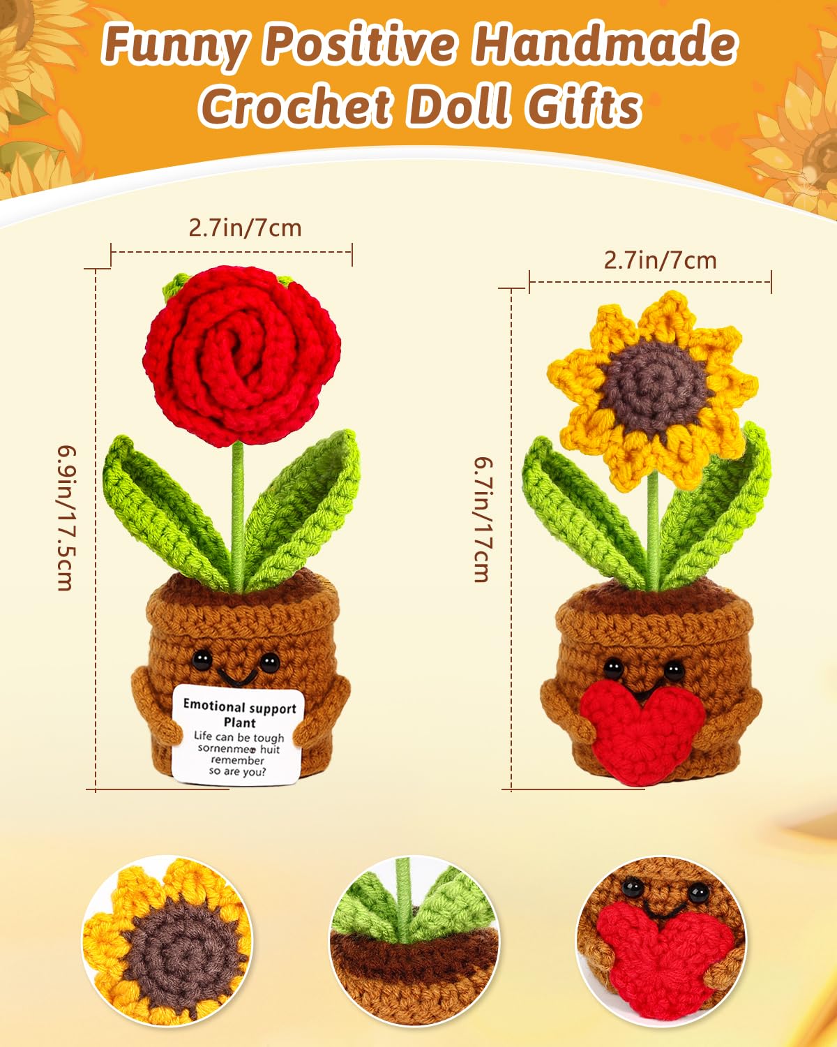 Argefkeen 2pcs Knitted Flowers Sunflower Gifts for Women Handmade Knitted Planters with Card Gifts Birthday Gifts for Women Mom Family Friend Teacher Coworker Xmas Party (2pcs)