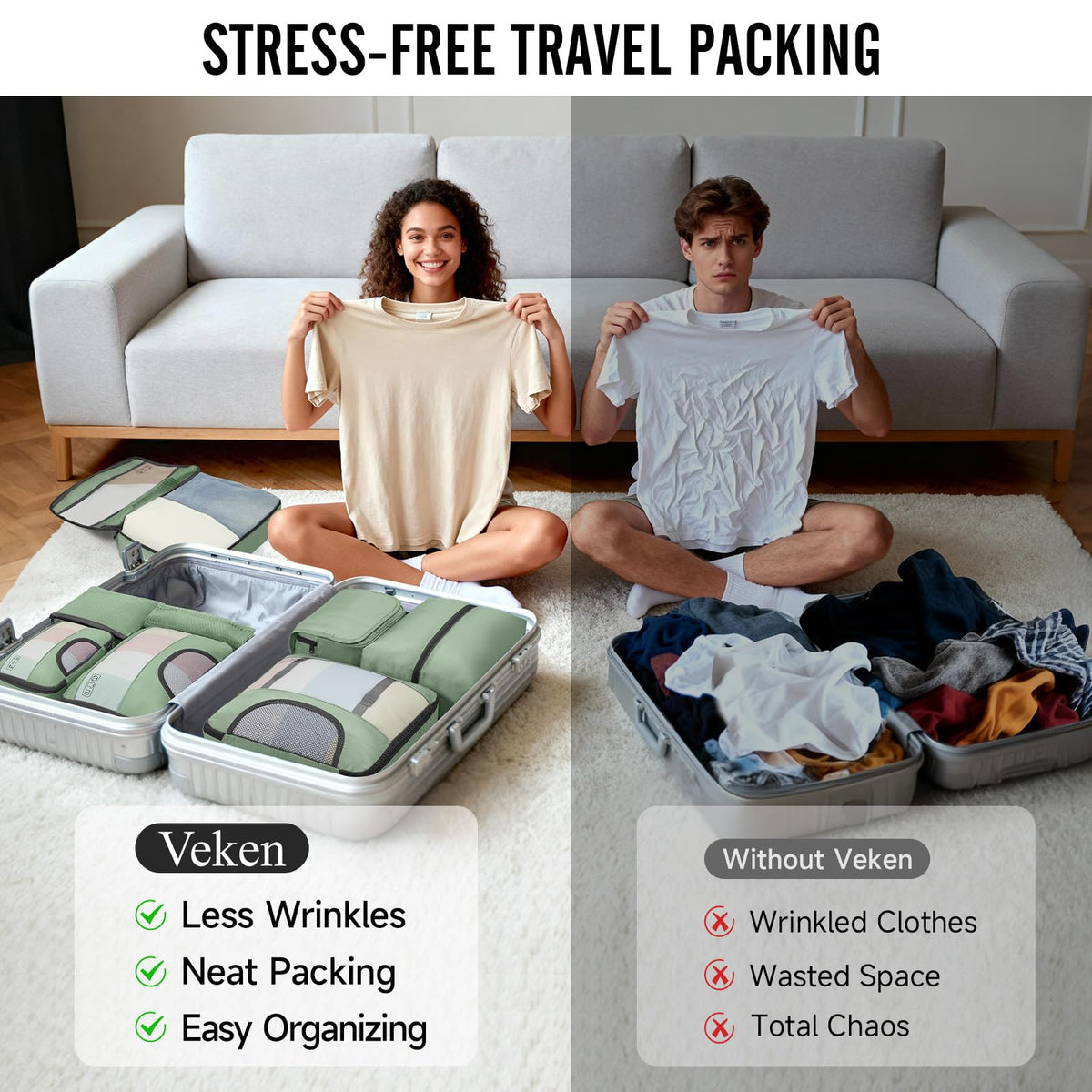Veken 10 Set Packing Cubes for Travel Essential, Suitcase Organizer Bags in 4 Sizes, Carry-On Luggage Accessories with Large Laundry & Hanging Toiletry Bag, Must-Have for Airplane, Road Trip & Camping