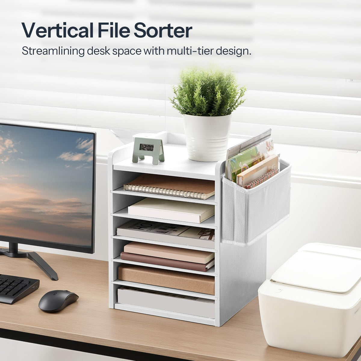 HOOBRO Adjustable Countertop Mail Sorter, 6 Tier Wooden Paper Organizer, Vertical Literature Organizer with Side Storage, Office Mailbox Cubbies, Classroom Mailbox, for Home, Office, White WT34WF01