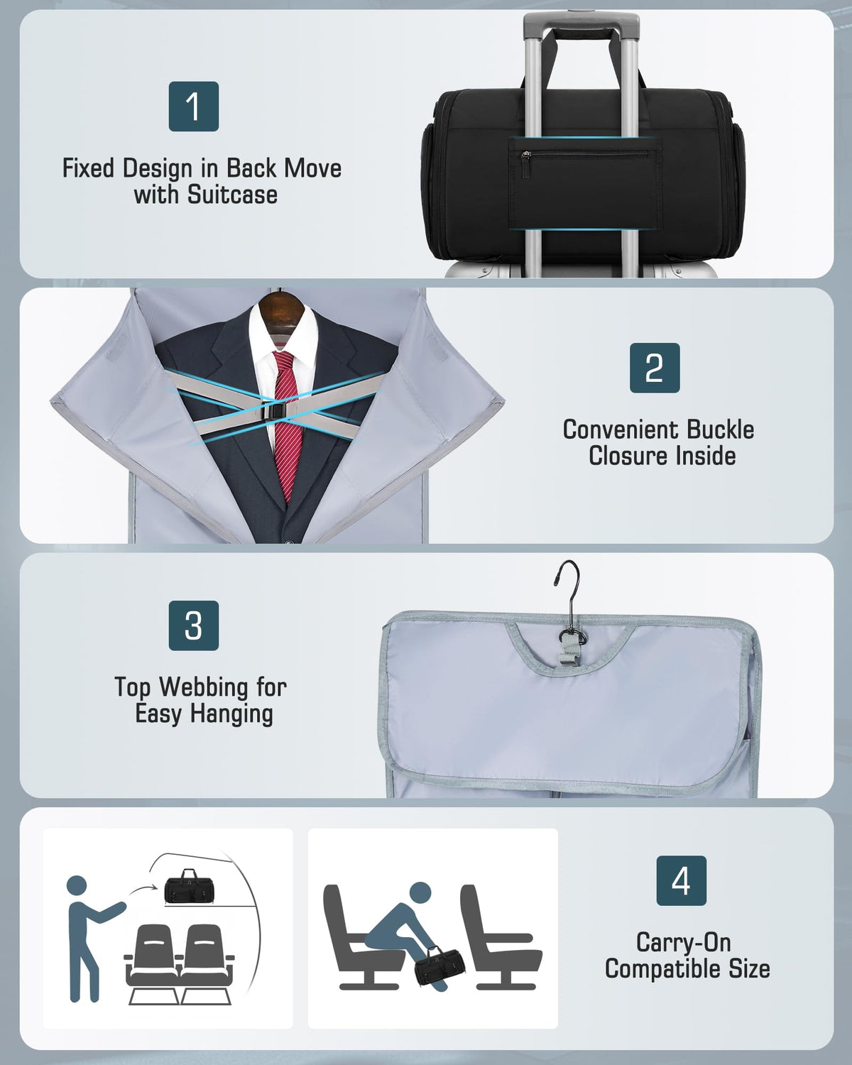 RAINSMORE Convertible Garment Bags for Travel, 45L Garment Duffle bag for Hanging Clothes, 3 in 1 Suit Travel Bag for Business Trips with Shoulder Strap, Carry On Suit Luggage for Men Women, Black