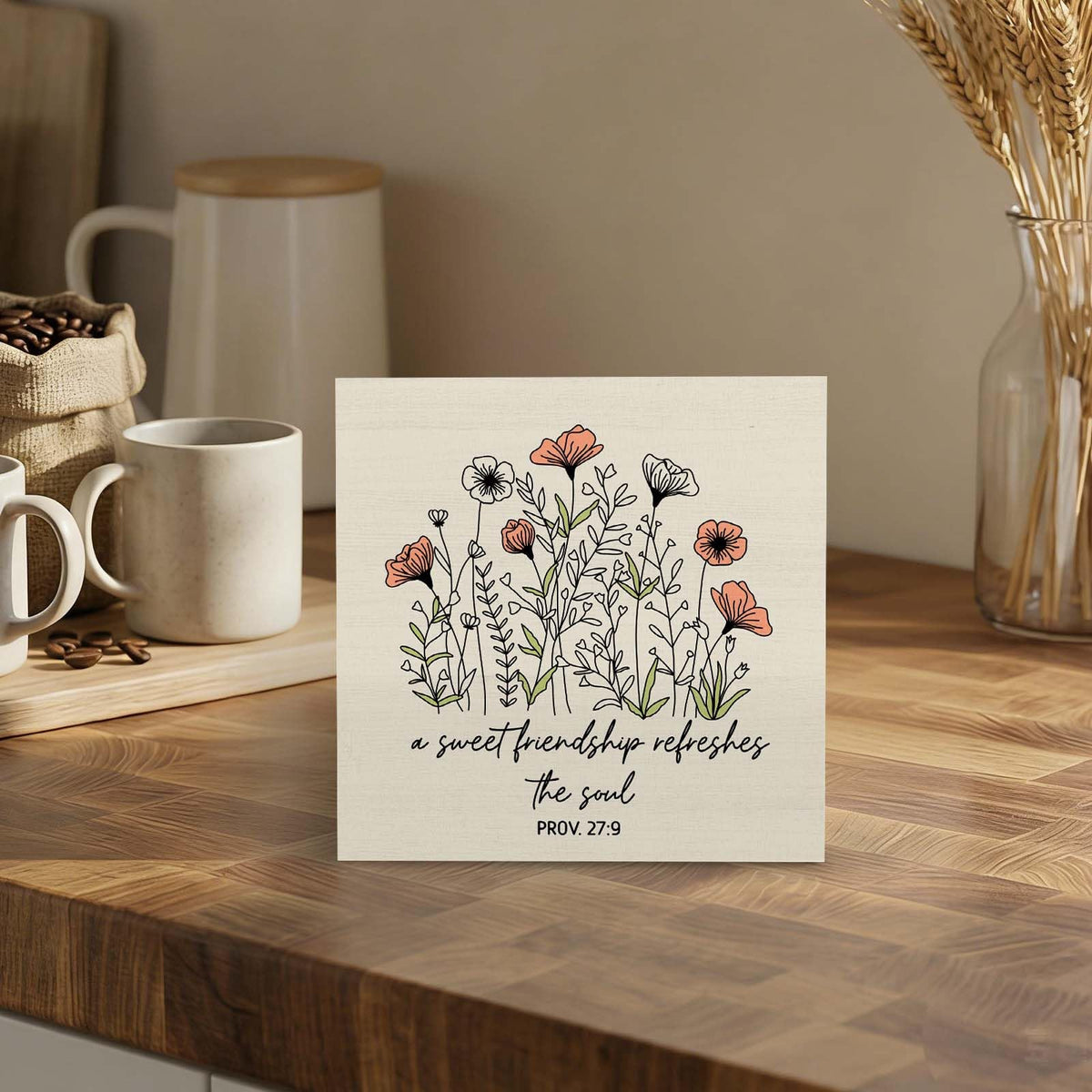 GWOKPAAI Christian Friendship Floral Wooden Box Signs Desk Decor, Christian Gifts for Women,a Sweet Friendship Refreshes the Soul Wooden Sign Desk Decorations for Home Room Tabletop Shelf Wall,5x5in