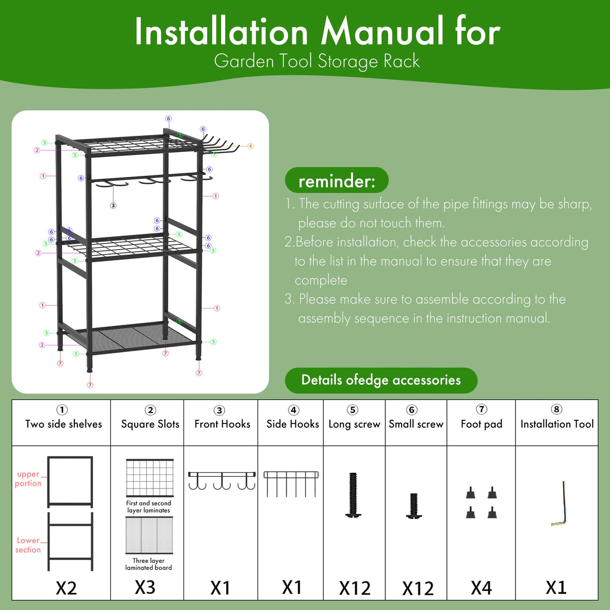 Garden Tool Organizer - 70-Hole Garage Storage Rack with Adjustable Feet & T-Handle Hooks, Broom/Mop Holder for Yard, Shed, Multi-Scene Use, No-Tool Assembly，Rack for Garage Organization Black
