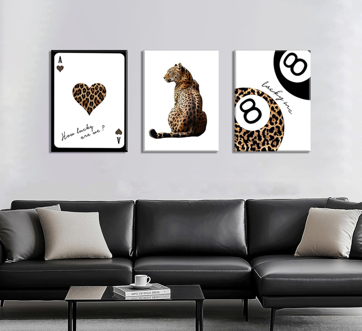 Trendy Leopard Wall Art Set of 3 Cheetah Print Canvas Wall Decor Lucky 8 Ball Paintings Posters Prints Preppy Room Aesthetic Pictures Artwork for Living Room Bedroom Apartment Dorm 12x16inch Framed