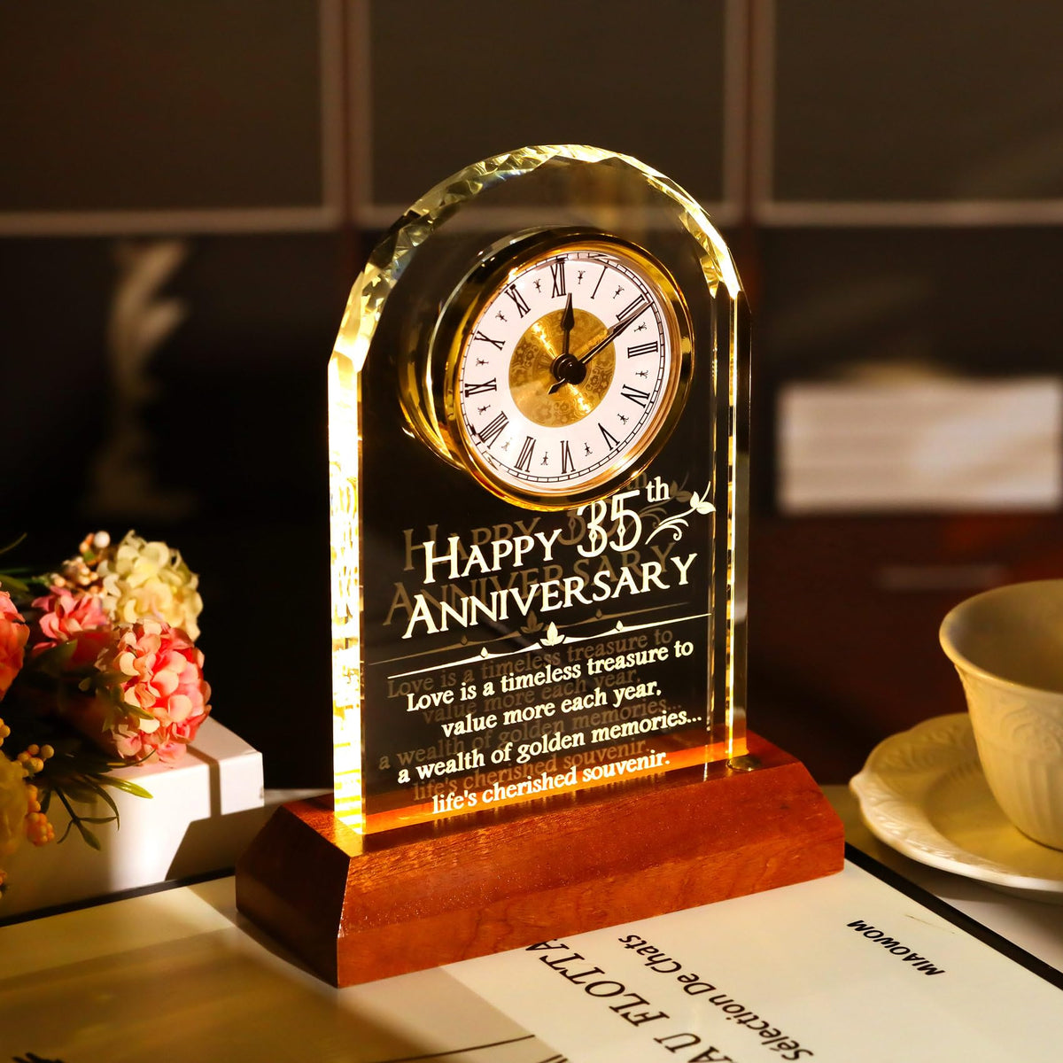 YWHL 35th Wedding Anniversary Clock Gifts for Couple, 35 Years for Wife Husband, Table Clock Glass Presents with Wooden Light Base for HomeDecoration (Battery not Included)