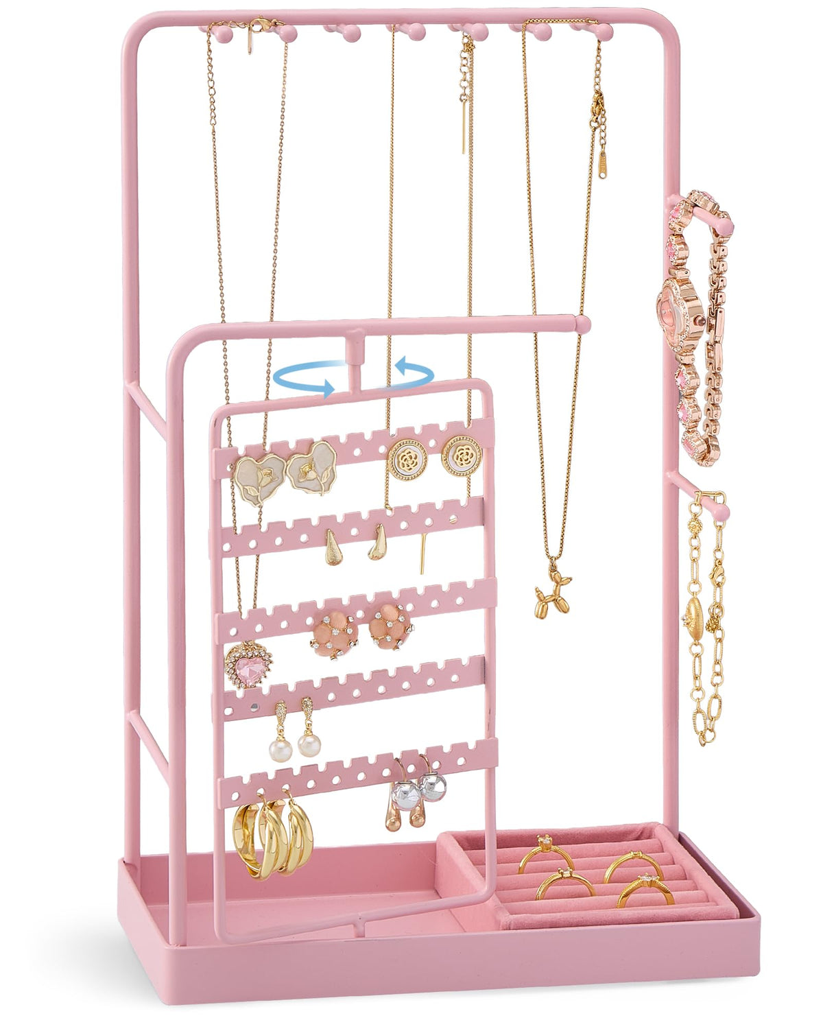 ProCase Jewelry Stand Holder Organizer, Jewelry Display Storage with Ring Tray, Rotating Earring Bracelet Necklace Holder, Valentine's Gifts Room Dorm Decor for Teen Girls -Pink (No-Assembly)
