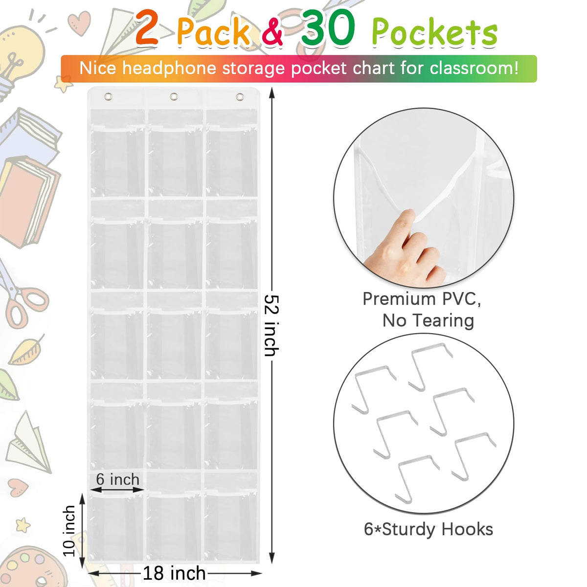 Olpchee 2 Pack Classroom Headphone Storage Organizer with 30 Pockets, PVC Clear Classroom Pocket Chart for Headphone Cell Phone Over-the-Door Hanging Headphone Holder Bag with 62 Labels(White)