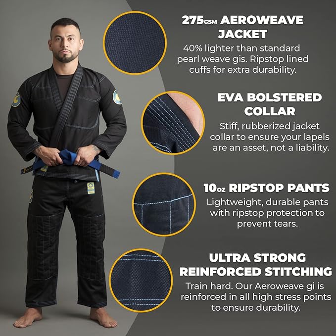 Gold BJJ Aeroweave Jiu Jitsu Gi - Ultra Lightweight BJJ Gi - Preshrunk Brazilian Jiu Jitsu Uniform for Men