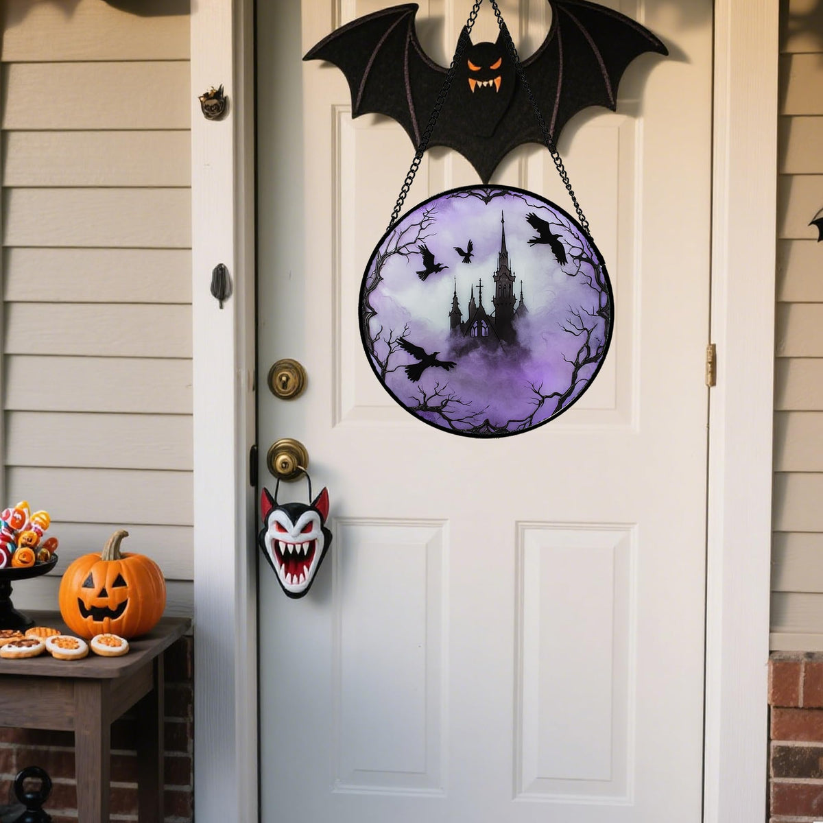 CRISGIF Stained Glass Window Hanging - Halloween Gothic Castle Purple Smoke Suncatcher for Doors Garden Home Spooky Crow Sun Catchers Gothic Decor Horror Gift for Women Men Friend Boy Girl 9.8 in