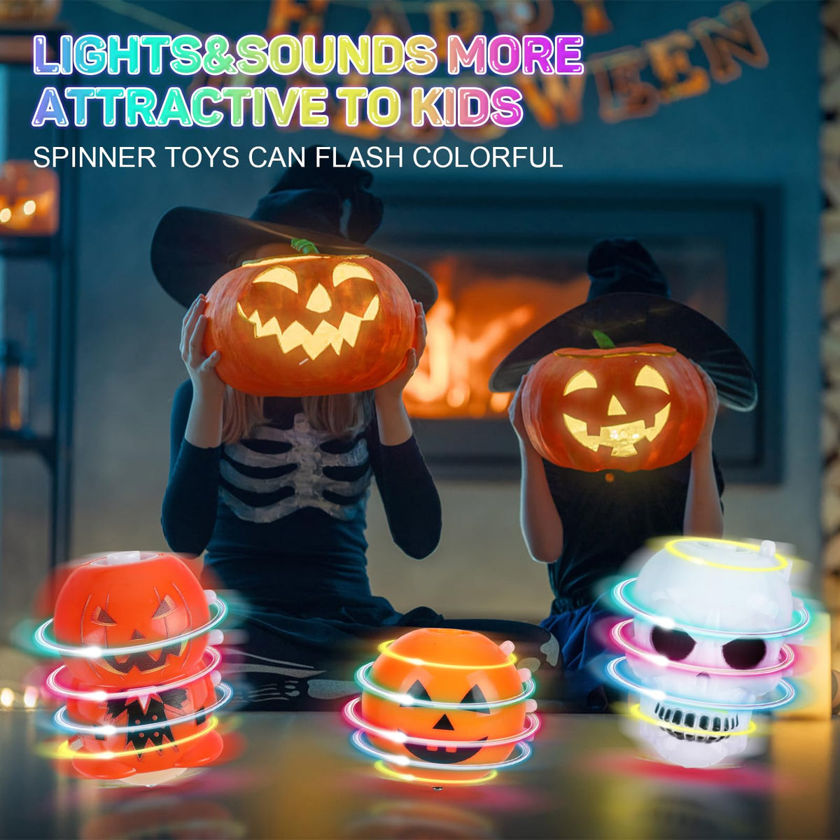 DERAYEE Halloween Basket Stuffers for Kids, 3PCS LED Pumpkin Skull Light Up Spinning Tops Halloween Spinning Toys Gifts for Halloween Party Favors Goodie Bag Fillers Classroom Rewards