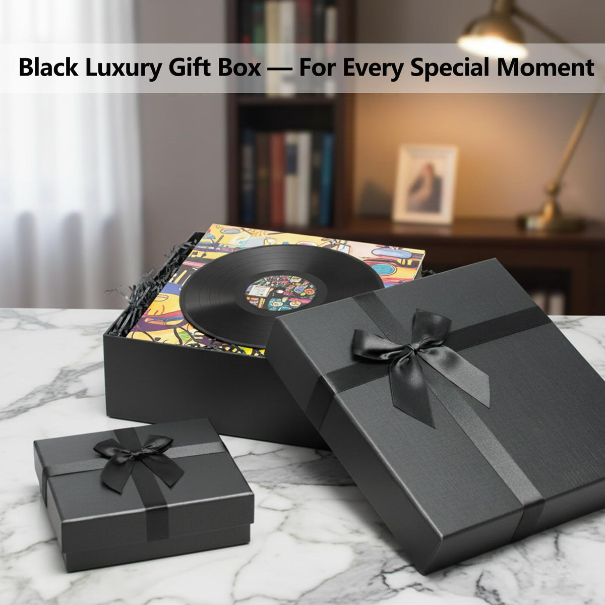 Giftilious Black Gift Box with Lids – A set of 4 Elegant Gift Boxes for Presents, Sturdy Nesting Design for Valentine's Day, Anniversaries, Birthday, Wedding, Ready to Gift – No Assembly Required