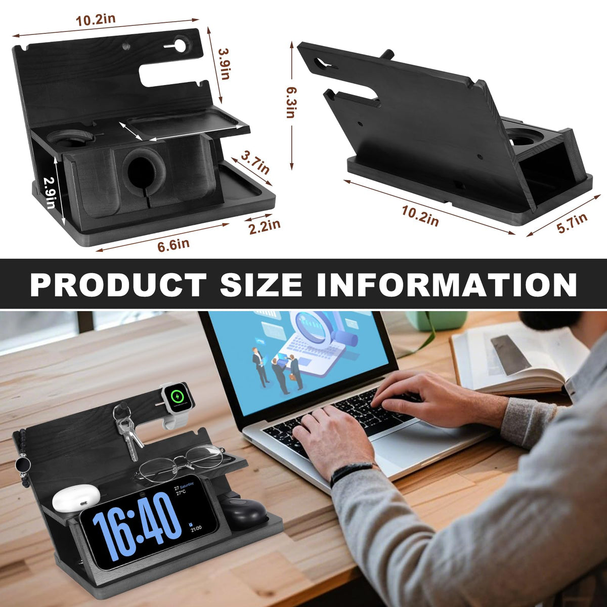 Gifts for Men 3-in-1 Charging Stand Compatible with iPhone 16 Charger Station, Nightstand Organizer Wood, Fathers Day Perfect for Dad Husband Boyfriend Son, for iPhone 16/15/14/13/12 and Pro, Watch