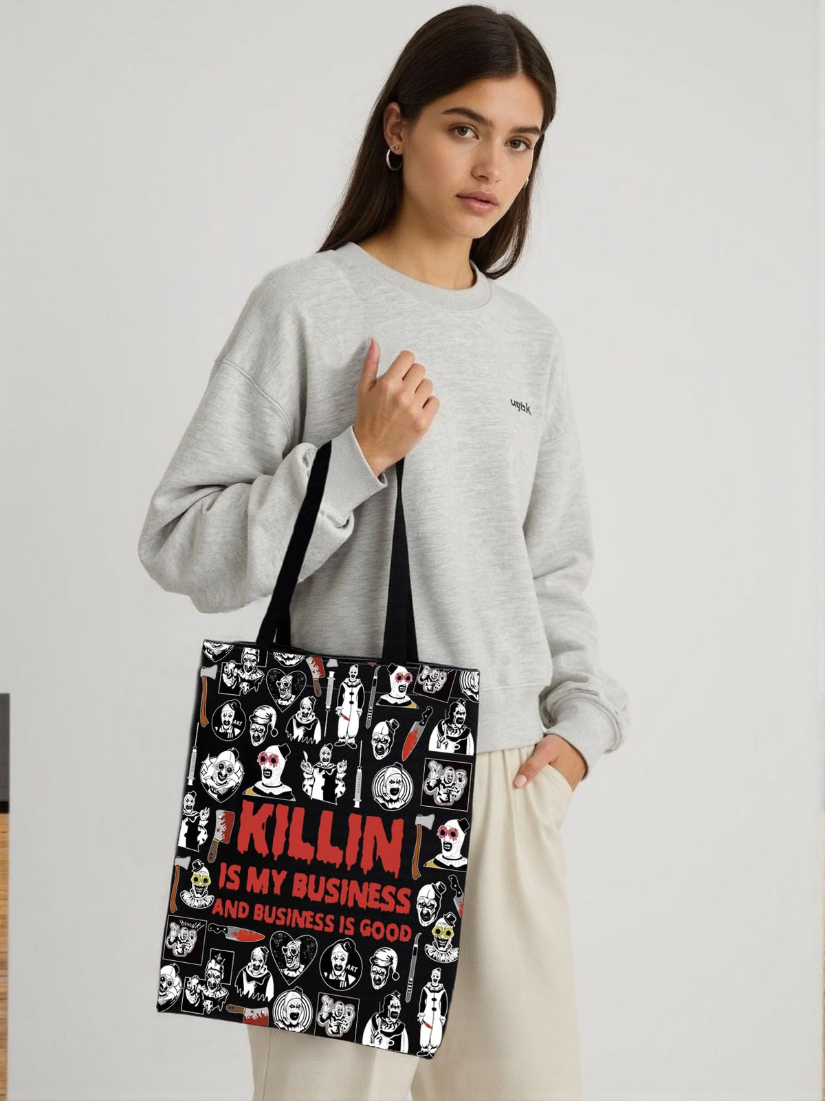 KUIYAI Clown Movie Merchandise Inspired Tote Bag KillerClown Canvas Bag Horror Movie Lover Gift Art Scary Clown Character Gift (BusinessGoodToteBlk)