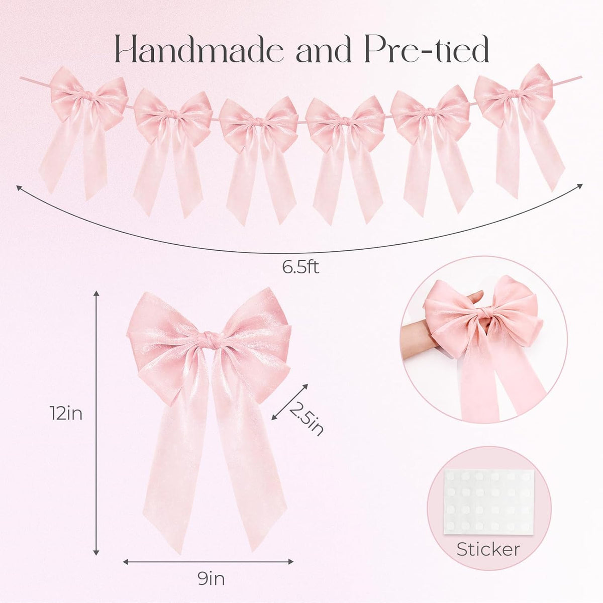 Skiennix 6.5ft Pink Bows Garland Banner - 6 Pcs Pre-Strung Bow Party Decorations for Birthdays & Showers