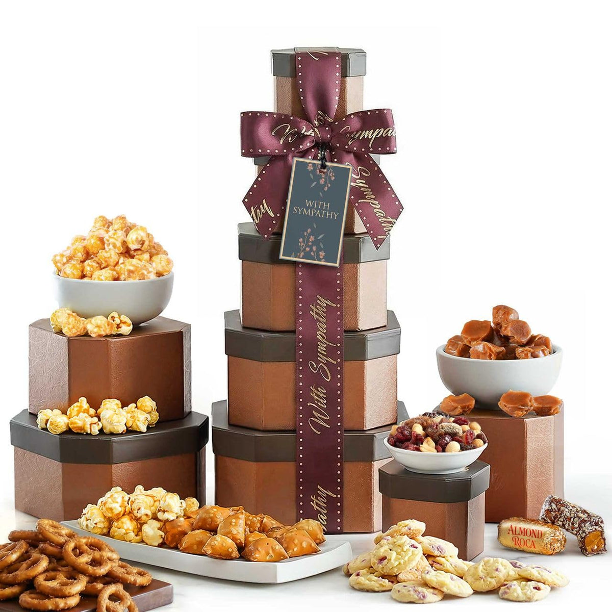 Broadway Basketeers Sympathy Gift Basket Tower – Gourmet Food Gift for Loss of Loved One – Bereavement & Condolences Gift Basket with Cookies & Snacks to Comfort Family and Friends, Kosher