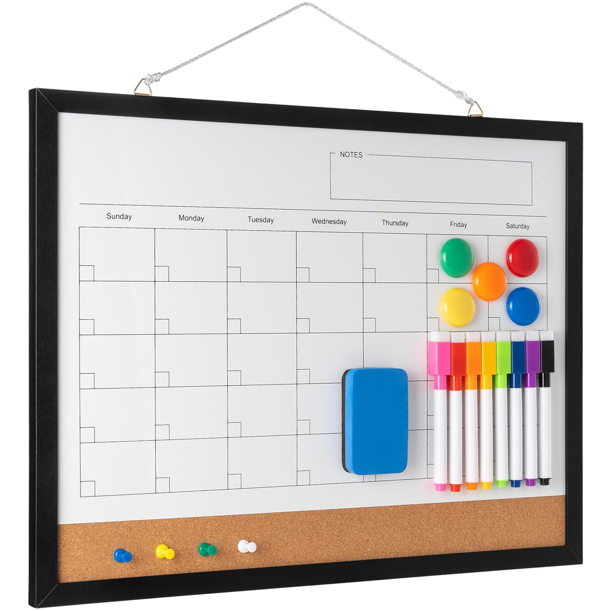 Dry Erase Calendar Whiteboard, 17" x 13" Magnetic Whiteboard Cork Board Combo, Reusable Monthly Planner with 8 Markers, Eraser, Magnets and Pushpins, Hanging Dry Erase Board for Home, School - Black