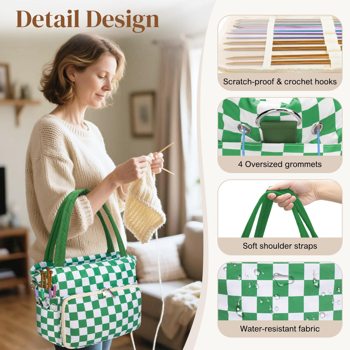 DALINDA Crochet Bag and Tote - Yarn Bag Crochet Storage Bag for Crochet Supplies,Crochet Accessories, Knitting Bag for Crochet Lovers, Ideal Crochet Gifts (Green Plaid)