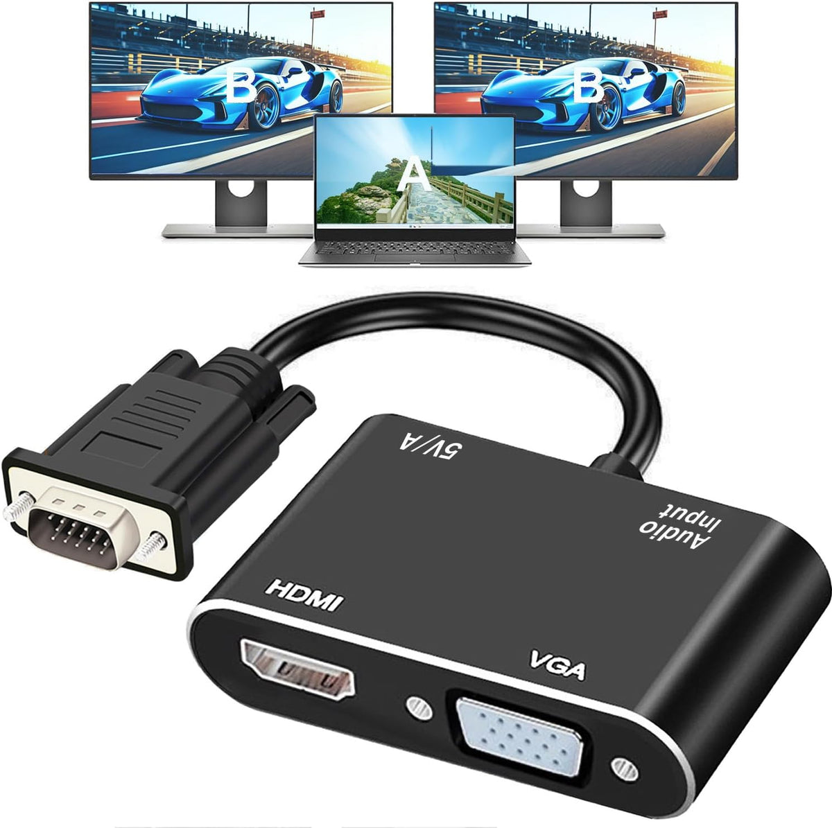 AKWOR 2 1,1080P@60HZ VGA to HDMI+VGA Adapter for Dual Monitors, VGA to HDMI Adapter Splitter in Full HD Display Video