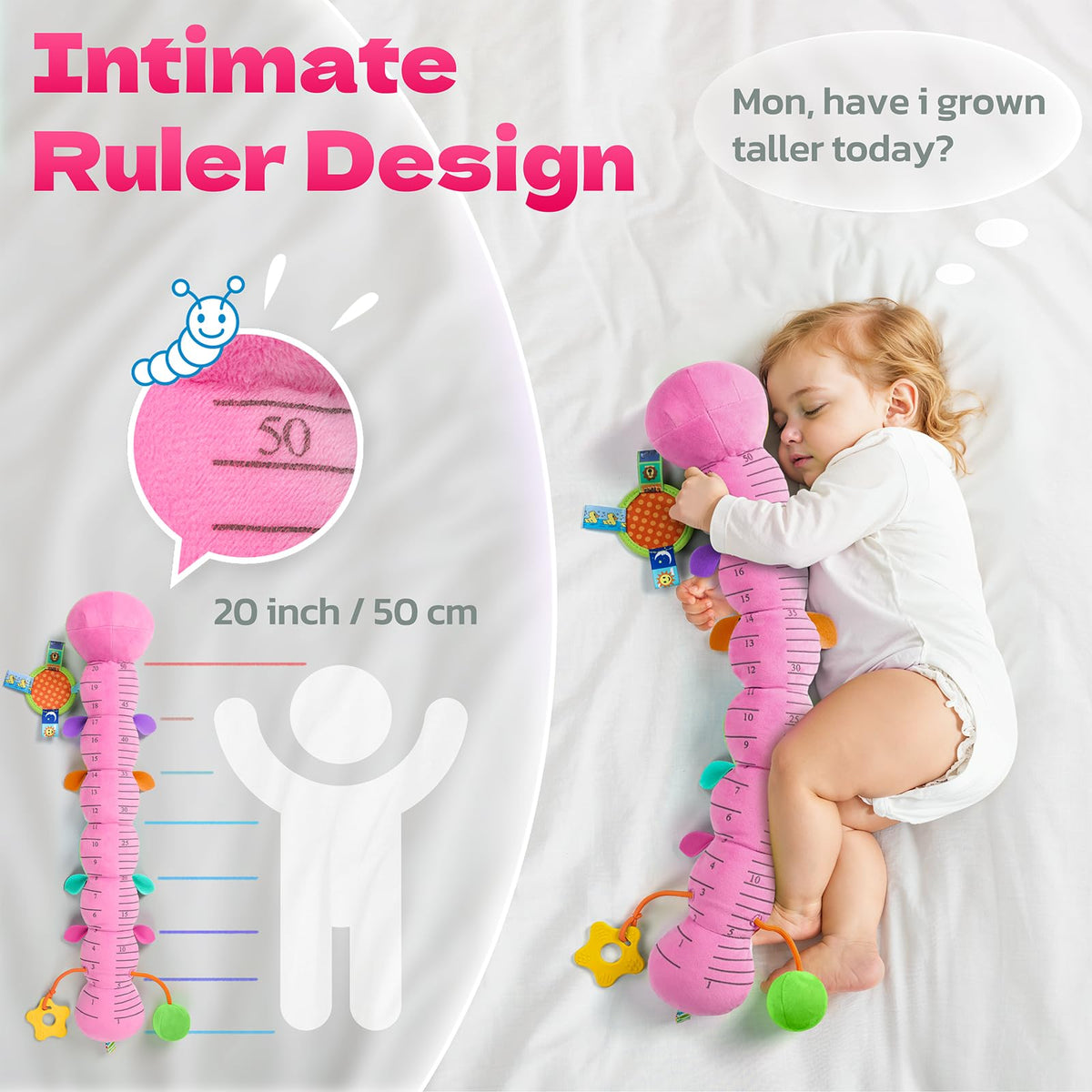 HEMRLY Baby Sensory Toy 0-6 Months, Musical Stuffed Caterpillar Plush with Teether, Crinkle, Rattle, Baby Mirror for Tummy Time, Infant Car Seat Toy for 0-3-6-12 Month Boys Girls Gifts - Winged Pink