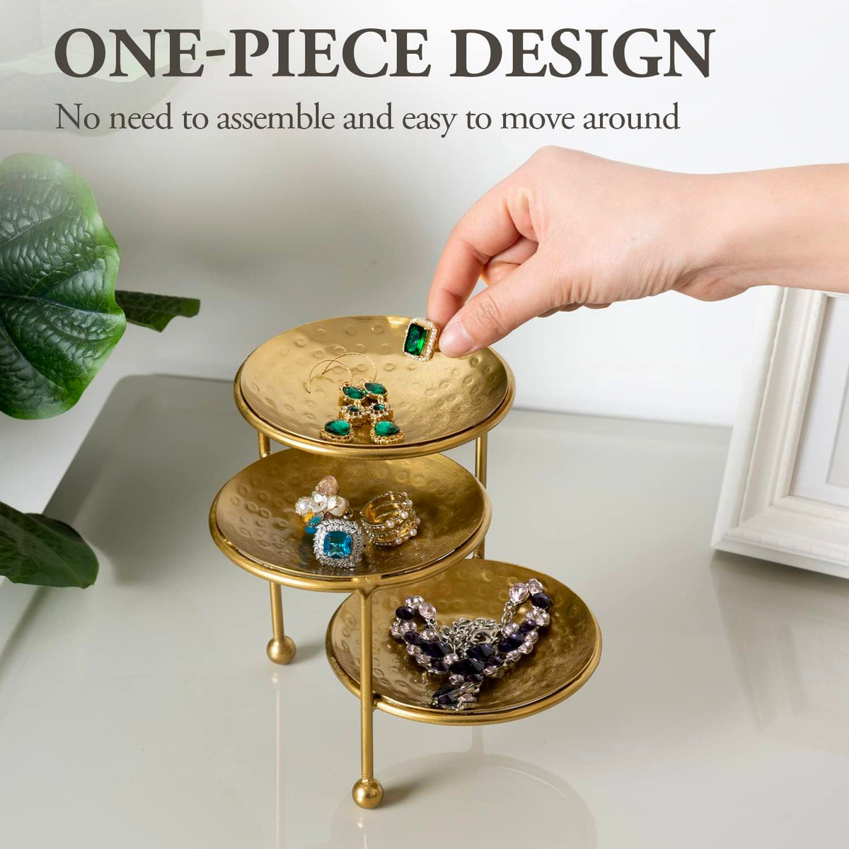 MyGift 3 Tier Jewelry Dish Organizer - Hammered Brass Plated Metal Ring Tray, Decorative Earring, Necklace, Bracelet Storage Display Tower - Handcrafted in India