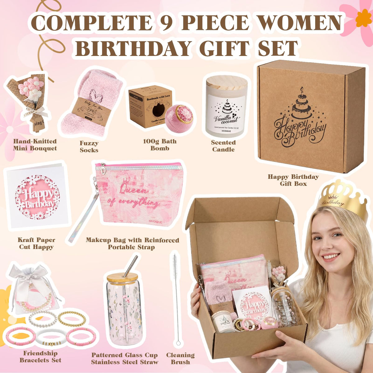 MUGIQUE Birthday Gifts for Women, Birthday Gift Basket with Glass Cup, Happy Birthday Gift Box for Women Teen Girl, Gifts for Sister Daughter Best Friend, Self Care Gift Set,Pink Floral
