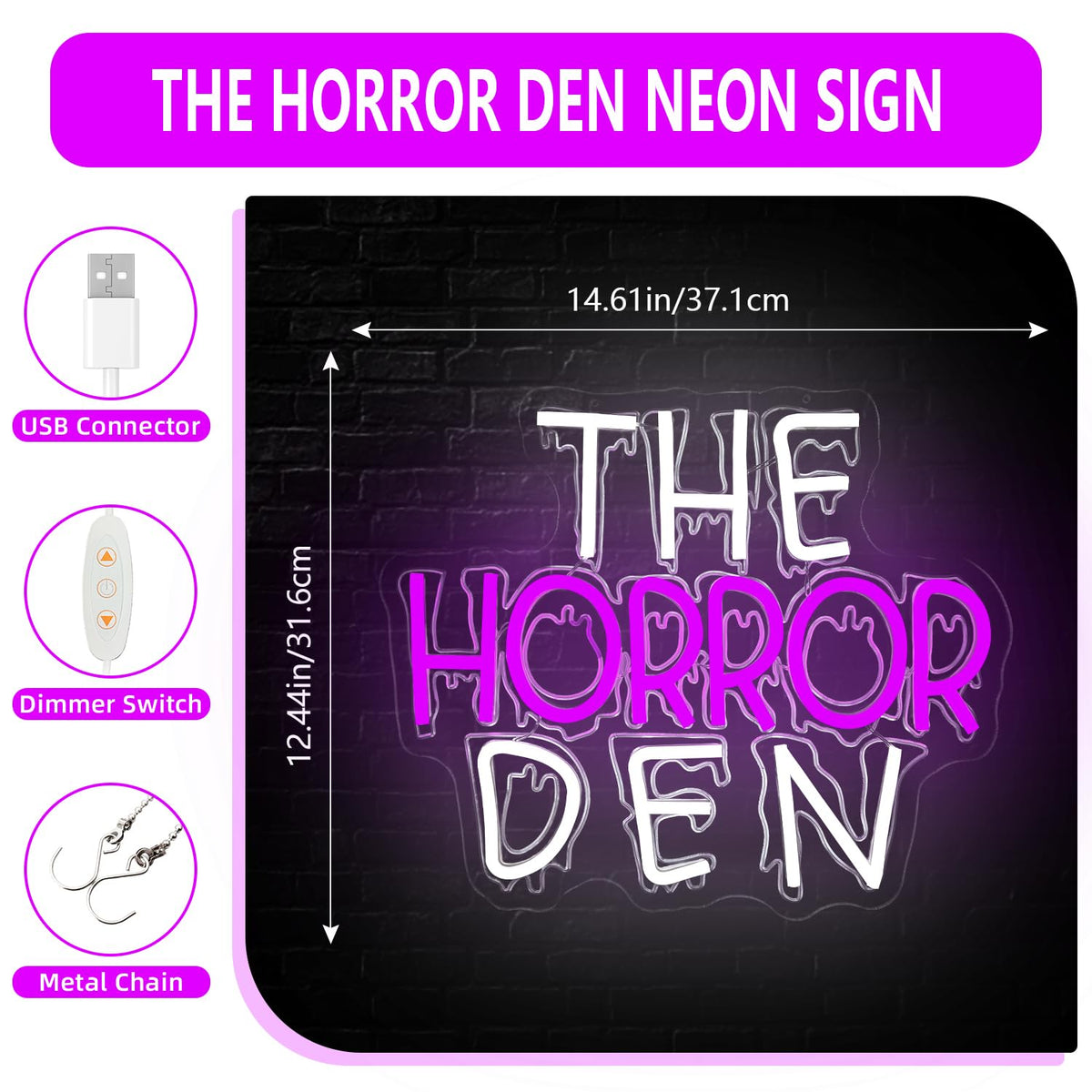 Jeanchrl The Horror Den Neon Sign Halloween Neon Lights for Teen Bedroom Horror LED Signs USB Powered Scary Neon Light Sign for Party Game Room Man Cave Spooky Neon Wall Art Unique Gift for Boys