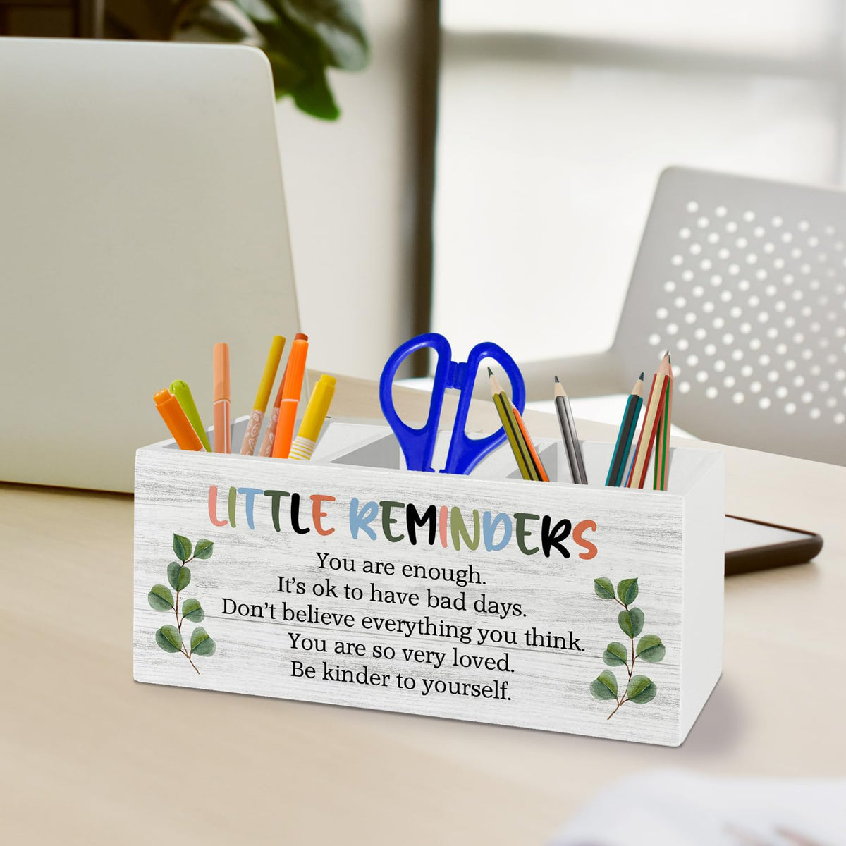 XLDLIOO Little Reminders Inspirational Pen Pencil Holder Organizer for Desk Accessories, Mental Health Motivational Wooden Box Sign Desk Decor for Home Office Decoration, Positive Gifts
