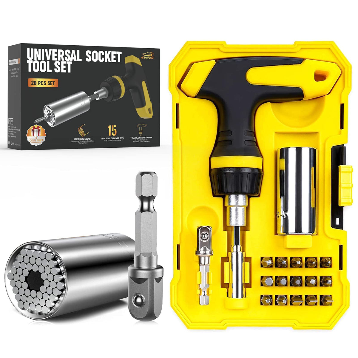 HANPURE Stocking Stuffers for Men & Women - Cool Stuff Magnetic Ratchet Screwdriver Set with Power Drill Adapter - Super Universal Socket Grip Gadgets for Him & Her