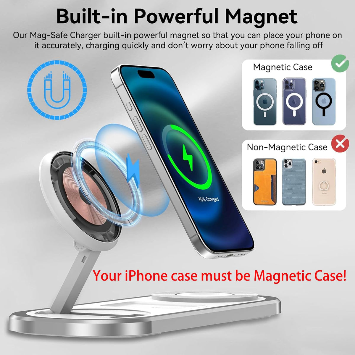 3 in 1 Fast Wireless Charger Stand for iPhone, Foldable Travel Charging Station for Magsafe for iPhone 17/Air/16/15/14/13/12 Series, Apple Watch Series, AirPods pro/2/3/4, Gifts for Women Men (Silver)