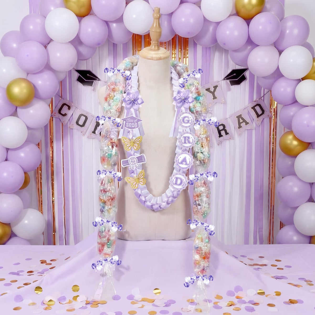 Spakon 19 Pcs Graduation Leis 2026 Graduation Candy Lei Kit Class of 2026 Ribbon Double Lei Necklace Party Accessories(Purple)