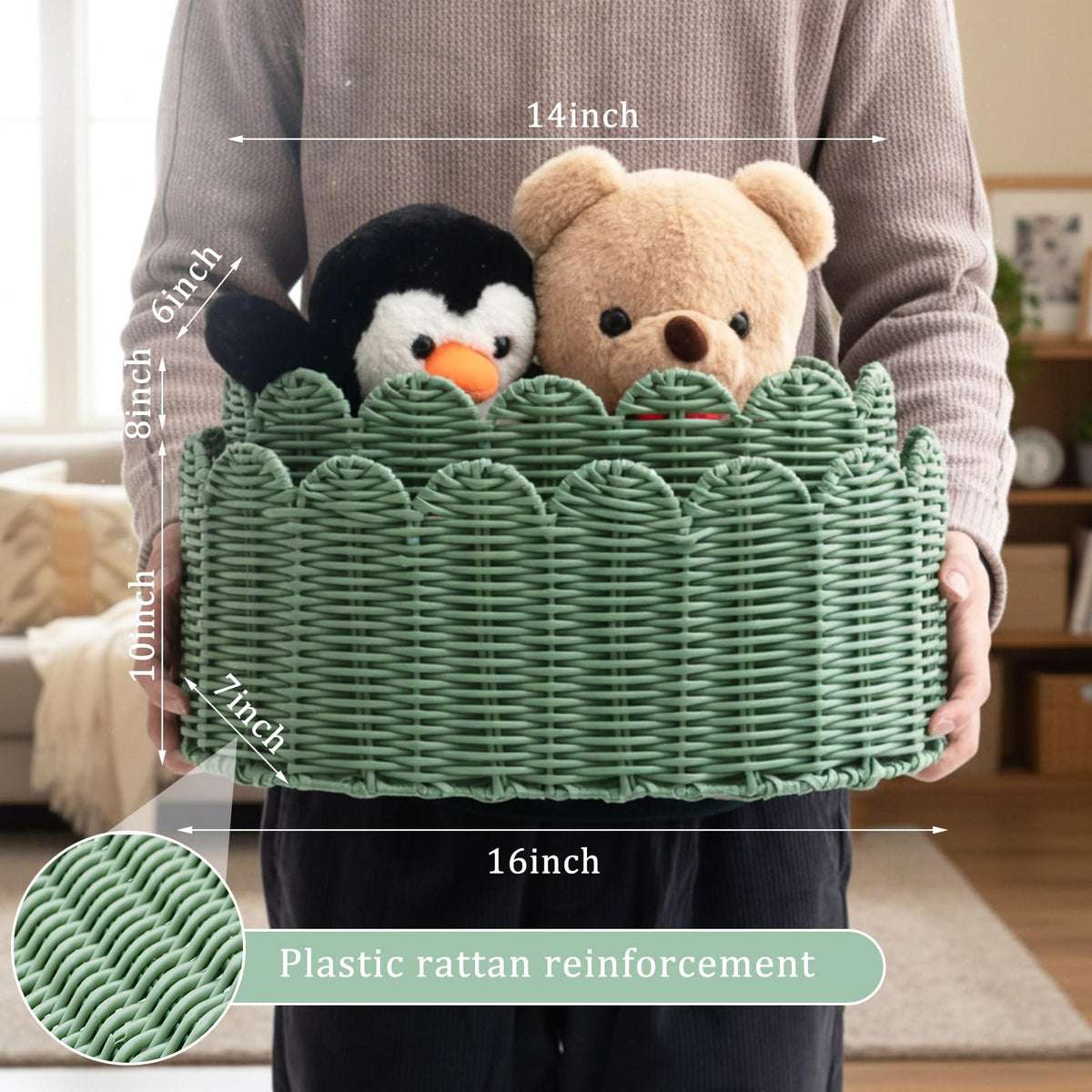 2 Pcs Large Scalloped Storage Baskets, Sage Green Woven Wicker Nursery Organizer Bins for Baby Gifts, Living Room Decor, Bathroom & Toy Storage, 16 x 10 x 7" & 14 x 8 x 6"