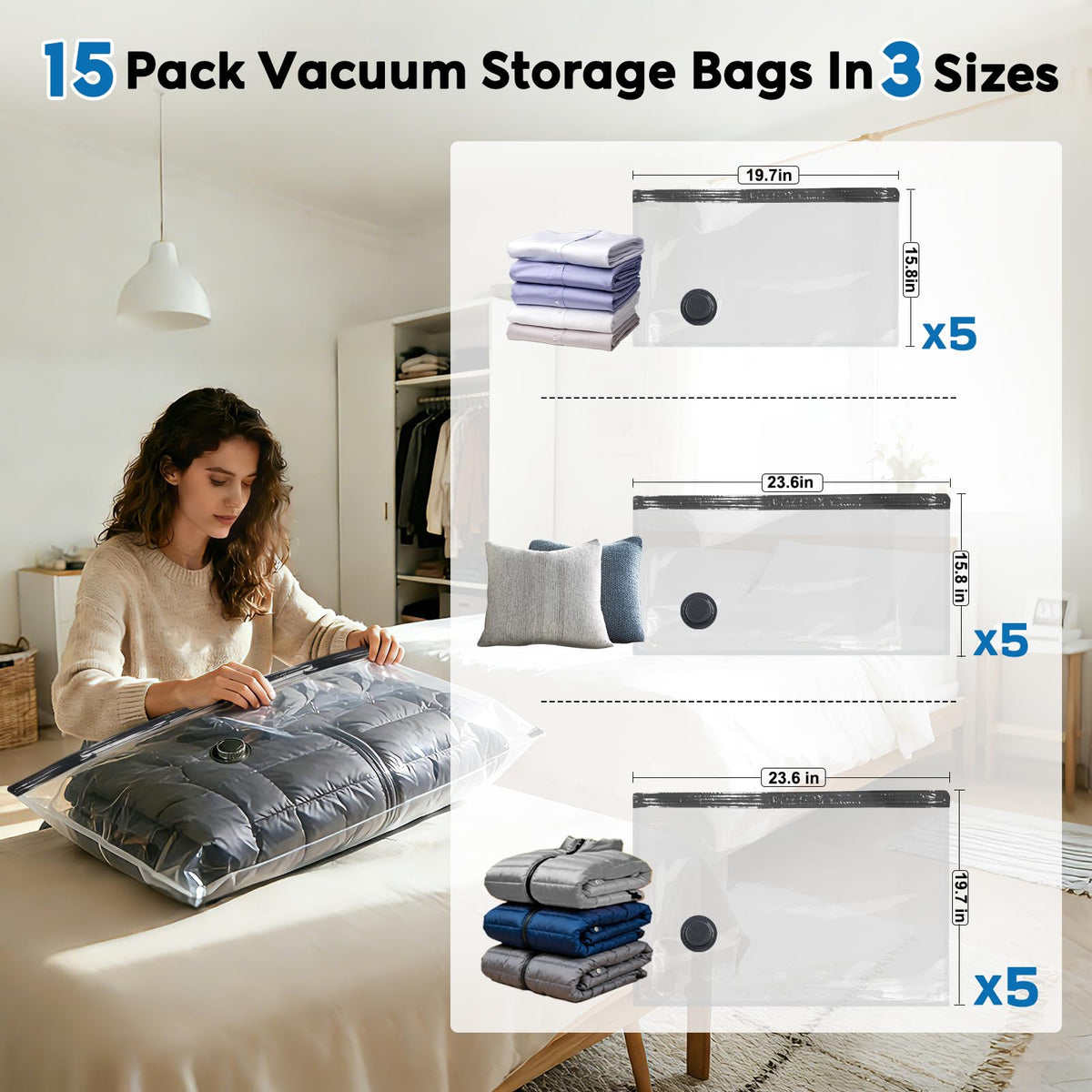 Mapambo Travel Vacuum Bags with -60000Pa LED Electric Pump, 15 Pack Vacuum Seal Bags for Clothing Travel in 3 Combo sizes, Space Saver Vacuum Storage Bags, Saving up to 80% of Space (15 Combo)