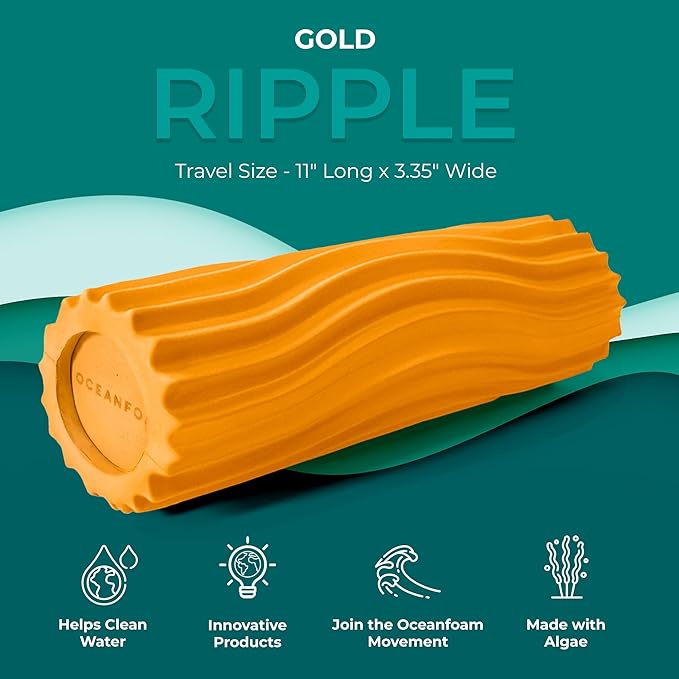 Oceanfoam Ripple Travel Foam Roller (11" x 3.35") Firm Mini Foam Roller for Physical Therapy, Deep Tissue Massage, Back Pain - High Density, Ergonomic Wave Textured - Yoga, Pilates, Exercise (Gold)