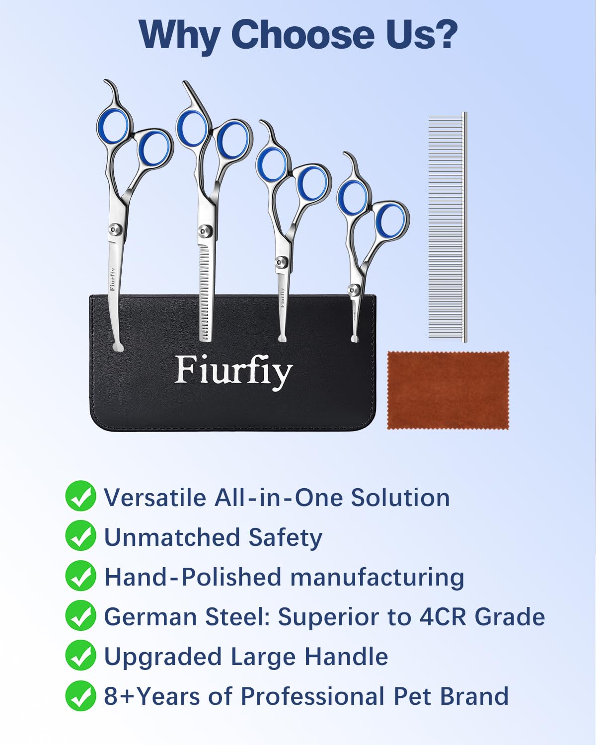 Fiurfiy 6-in-1 Dog Grooming Scissors - Professional Stainless Steel Hair Cutting Kit with Safety Rounded Tips, Ergonomic Soft-Grip Handles for Small & Large Dogs, Cats