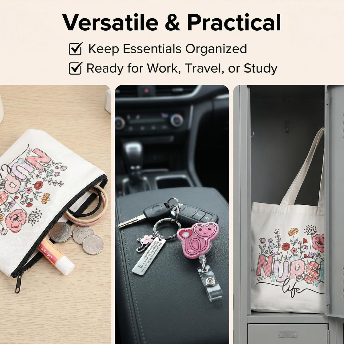 BESARME Nurse Gifts Set for Women, Nurse Essentials Graduation Gifts with Canvas Tote Bag, Keychain, Badge Reel Clips, Pens, Pouch, Greeting Card - Nurse Appreciation Gift