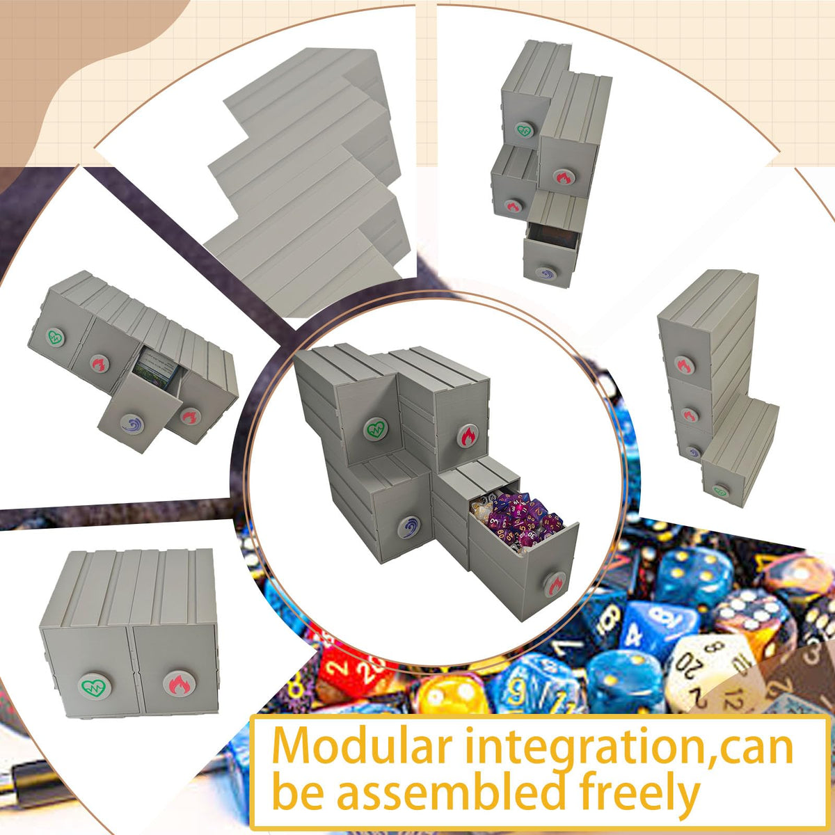 TCGADVN DND Dice Storage Box - Pull-out Storage Mimic Chest Dice Box ，for 180 Dice, Modular Integration, Can Be Assembled Freely, Protective Novelty Dice Holder for Tabletop Dice（4pcs