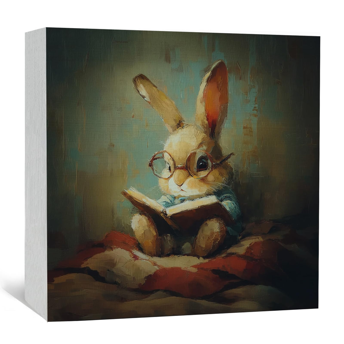 GWOKPAAI Moody Bunny Reading Book Wooden Box Signs Desk Decor, Book Lover Gifts, Moody Rabbit Bookish Wooden Signs Desk Decorations for Reading Room Nook Corner Library Tabletop Shelf Wall, 5x5in