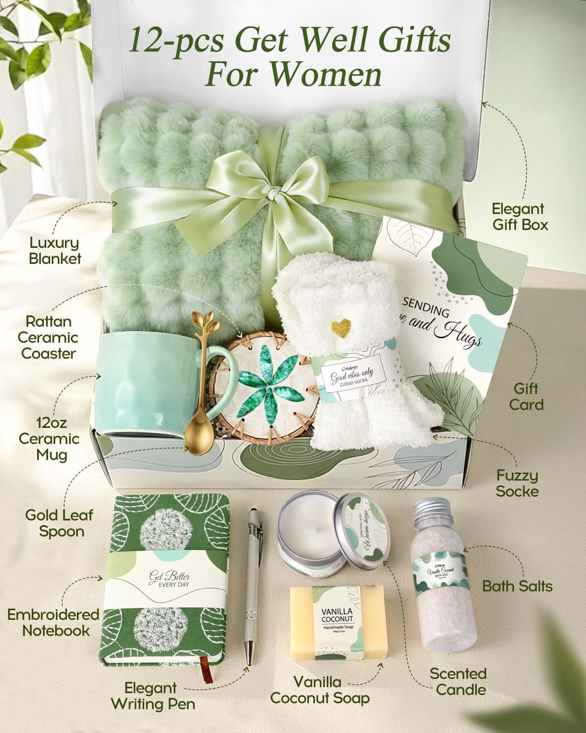 Coralogo Get Well Soon Gift Baskets - Mothers Day Gift Basket, Hug In a Box with Blanket, Thoughtful Self Care Gifts for Get Well Sympathy Relaxation Birthday Thinking of You, Spa Kit For Women