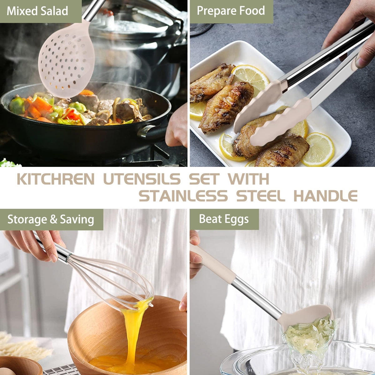 Stainless Steel Kitchen Cooking Utensil Set, Umite Chef 15 pcs Utensils - Nonstick Cookware Set Spatula -Kitchen Gadgets Tools Gift