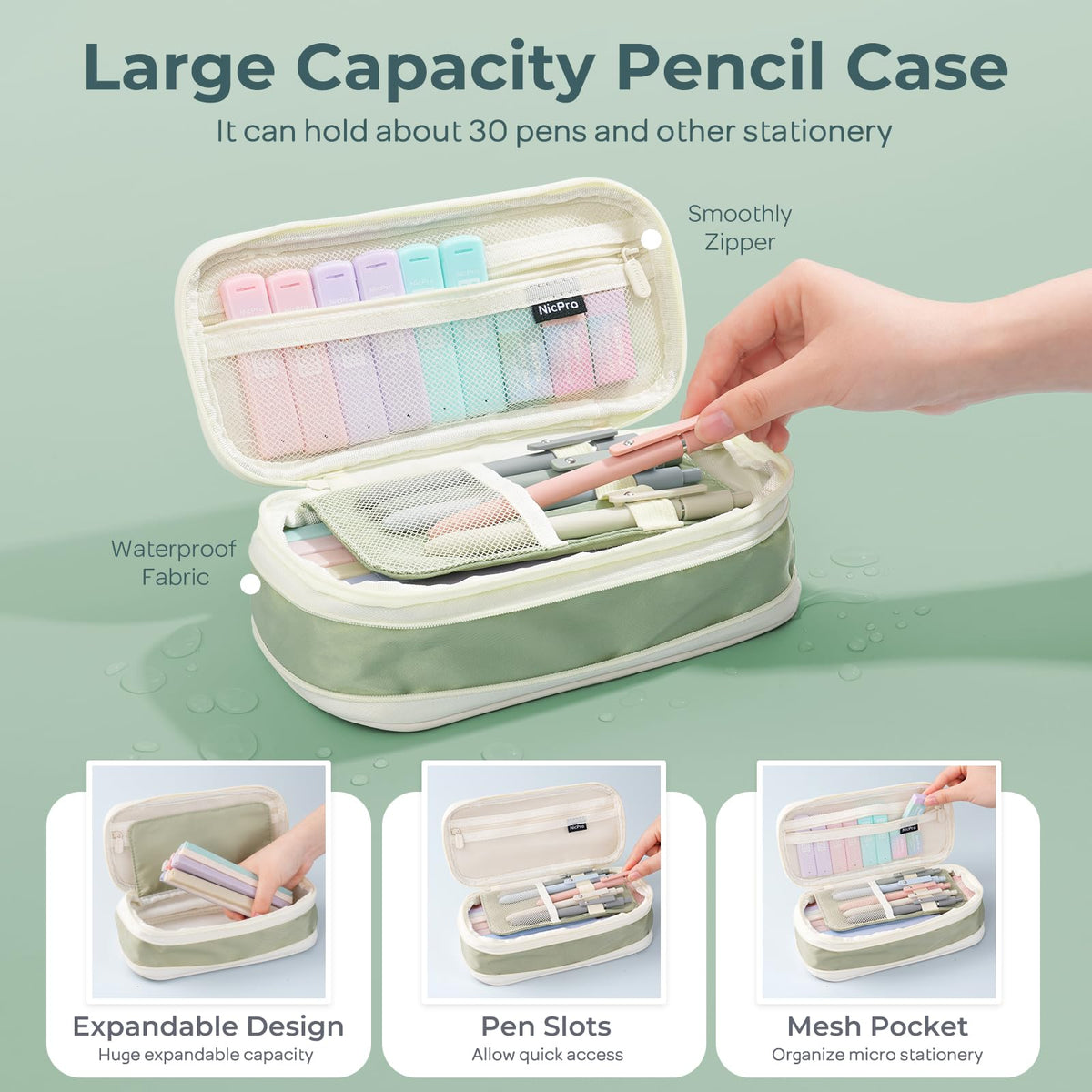 Nicpro 39 PCS Aesthetic School Supplies with Cute Pencil Case, 12 Color Pastel Highlighters, 5 Quick Dry Retractable Black Ink Pens, 6 Pastel Mechanical Pencil 0.5 & 0.7 mm for Student Stationary