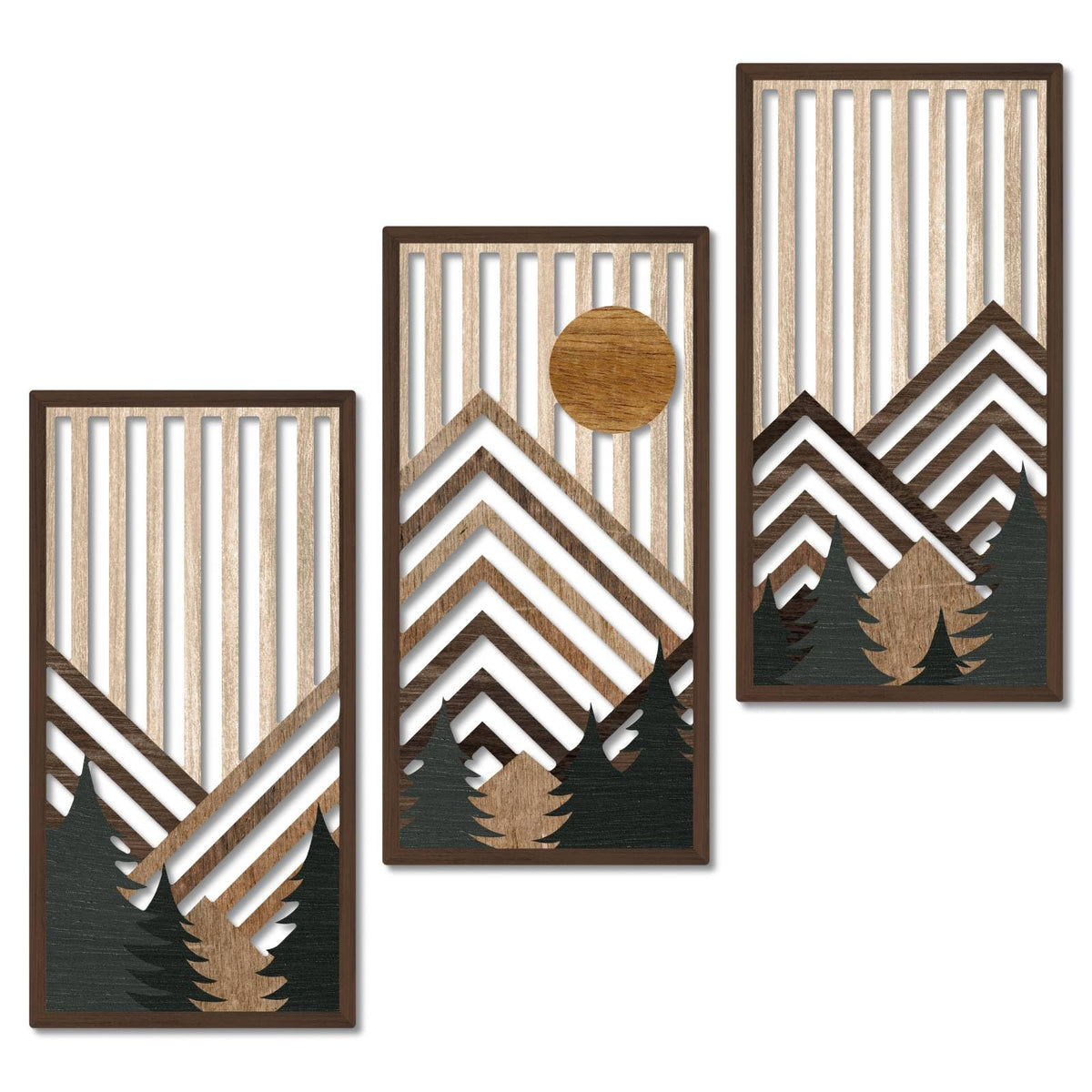 Putuo Decor Boho Mountain Wall Art Set of 3, Rustic Wooden Wall Decor, Nature-Inspired Geometric Artwork, Mid-Century Modern Aesthetic for Living Room, Bedroom, Office Brown 16.5 x 8.6 inch