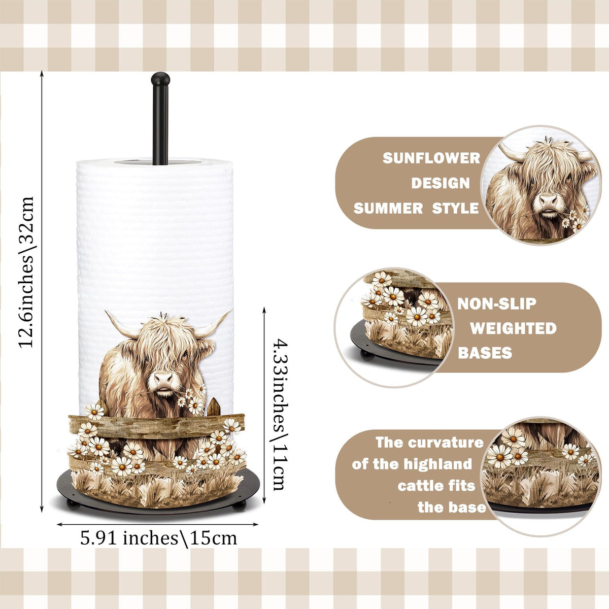 Shimeyao Highland Cow Metal Paper Towel Holder Farmhouse Highland Cow Kitchen Decor Accessories Large Metal Towel Holder Stand for Kitchen Bathroom Home(Rustic)