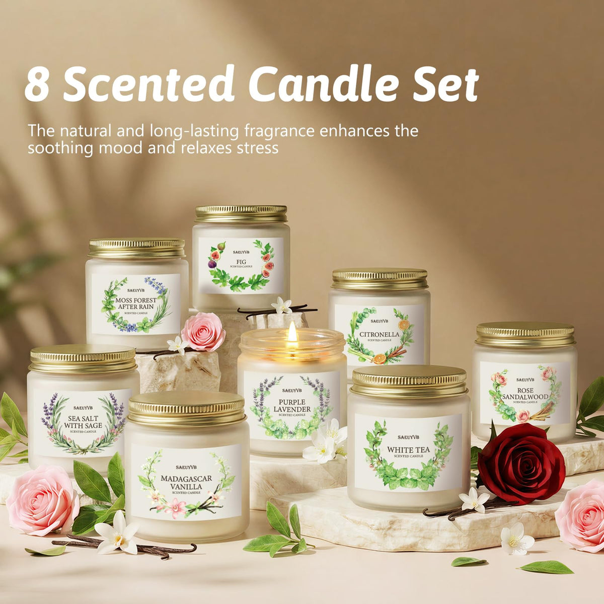 Scented Candles for Home,8 Pack Soy Candles Gift Set for Women,Aromatherapy Candle with Crystals Inside-Perfect for Mother's Day,Valentine's Day, Birthdays, Anniversaries,Christmas