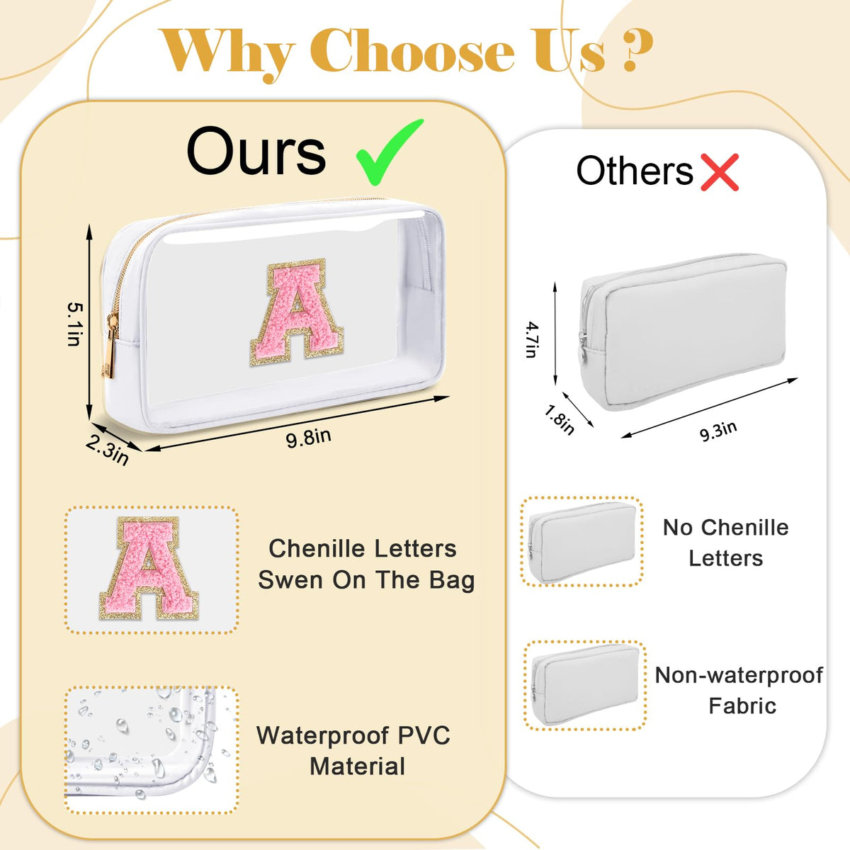 UIXIZQ Personalized Initial Letter Clear Makeup Bag,Preppy Small Nylon&PVC Cosmetic Zipper Bag with Chenille Letter,Travel Skincare Toiletry Bag,Monogram Christmas Gift for Teen Girls Women,B