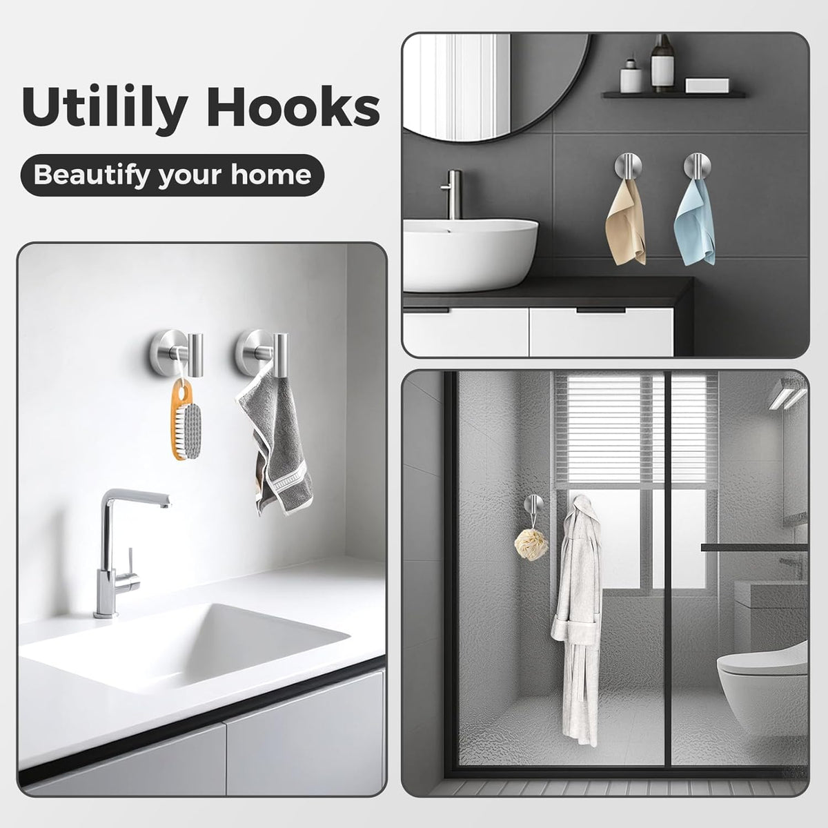 Skiennix Shower Hooks - Heavy-Duty No-Drill Suction Cup Towel Hooks for Bathroom | 4 Pack (Silver)