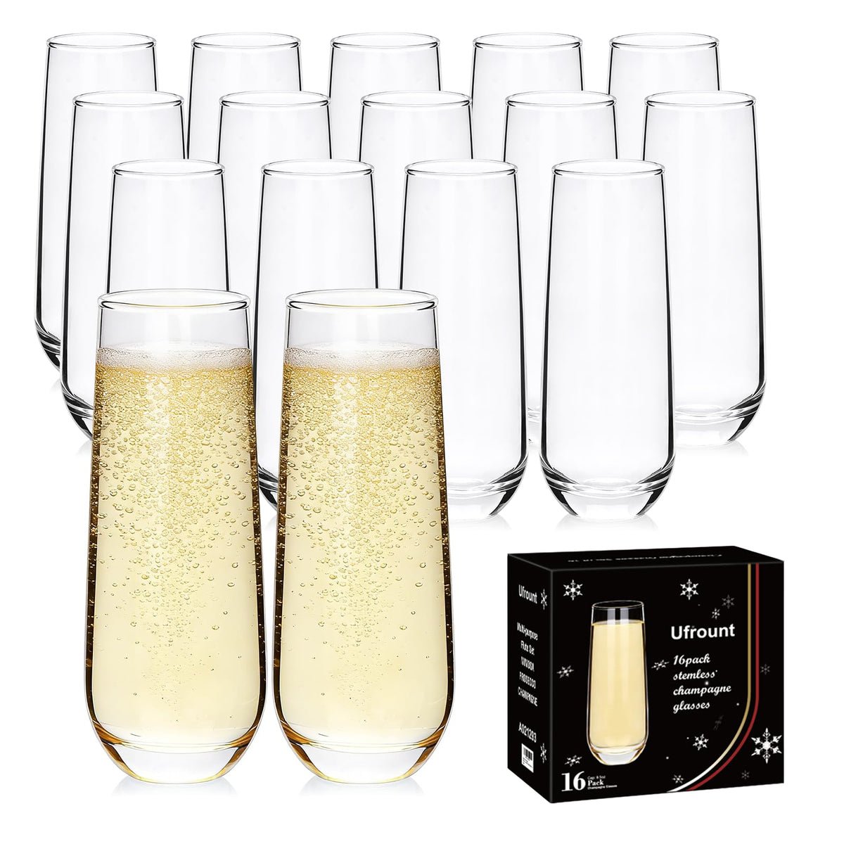 Ufrount Stemless Champagne Flutes Set of 16, 9.5 oz Champagne Glasses, Multi-purpose Mimosa Glasses for Prosecco, Cocktail, Water, Weddings, Bar and Parties